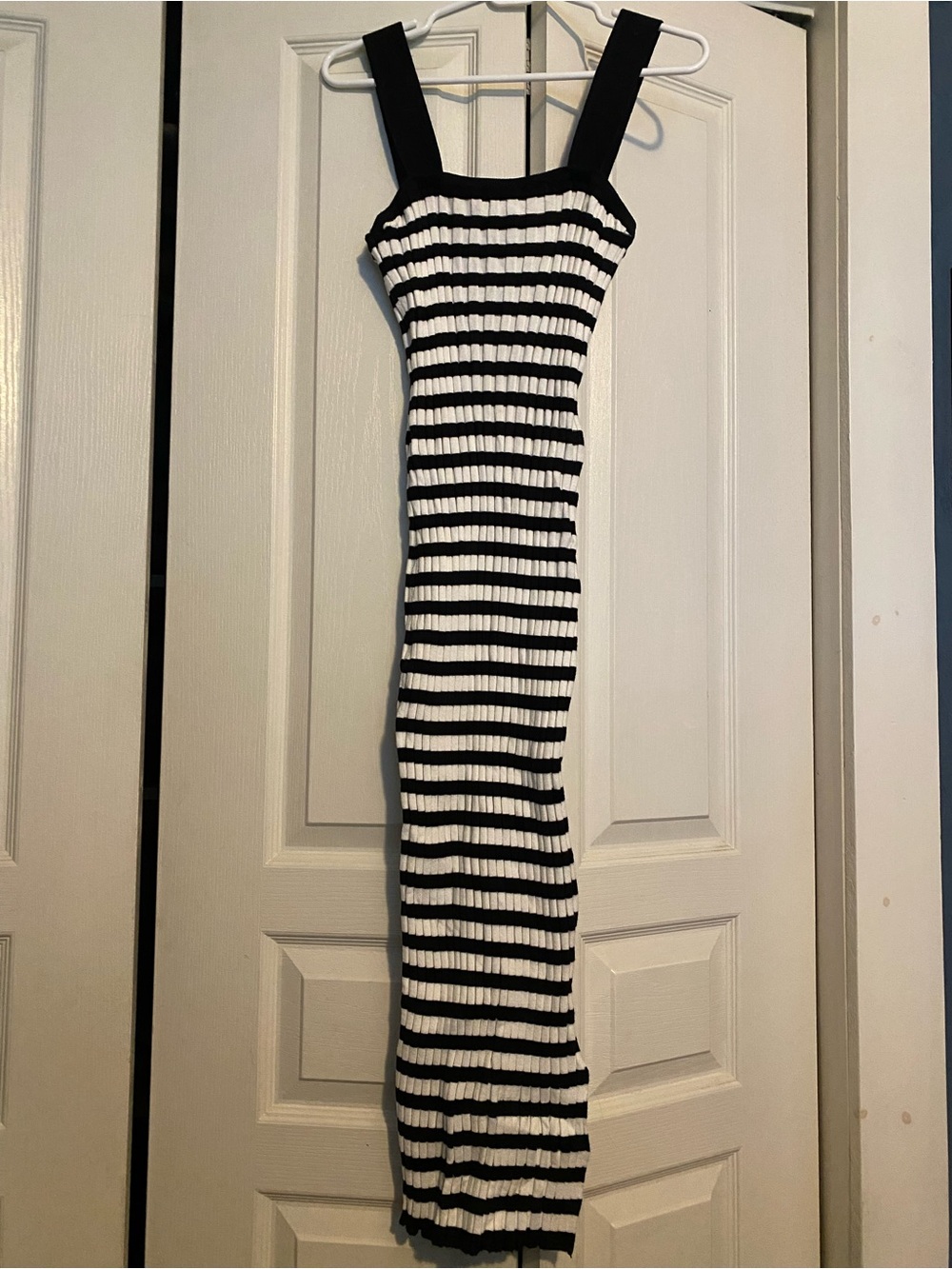 Black & White Striped Ribbed Midi Dress with Wide Straps